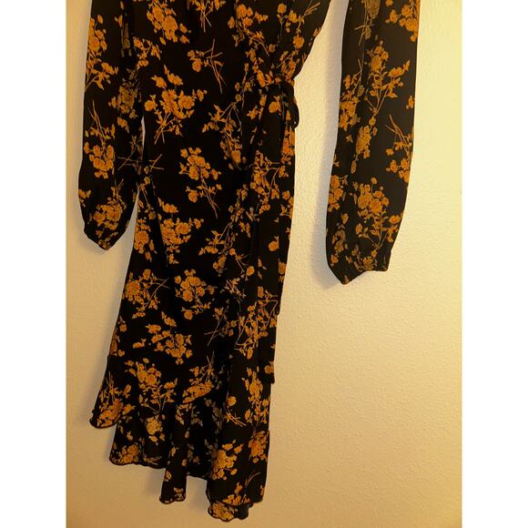 C+D+M Boho Preppy Professional Old Money Black & Gold Floral Wrap Dress - Picture 6 of 14